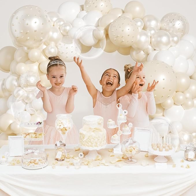 Pearl Balloon Arch Kit 210Pcs White Balloon Arch Garland Kit with Pearl Stickers Clear Balloons for Wedding Birthday Bridal Shower Engagement Baby Shower Party Decorations