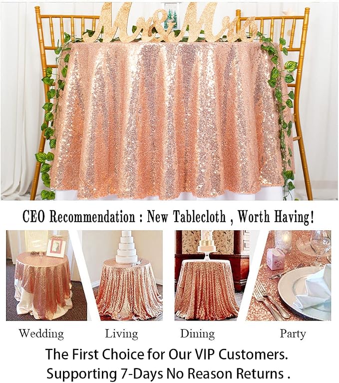 ShiDianYi Sequin Tablecloth Round 72-Inch Rose Gold Table Cloths Glitter Sequence Tablecloths Overlay Rose Gold Round Table Cover for Wedding/Birthday Cake Tables Decor