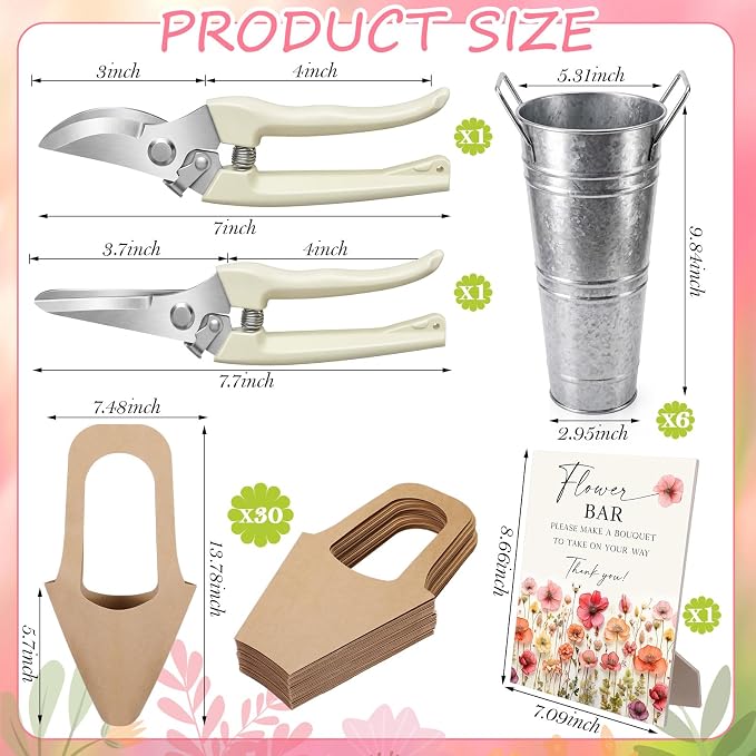 LEIFIDE Flower Bar Buckets Set Kit Bloom Bar Supplies Include Wood Sign Gift Bags Iron Bucket Garden Flower Shears for Wedding Bridal Shower Graduation Birthday Table Centerpieces(39 Pcs,Silver)