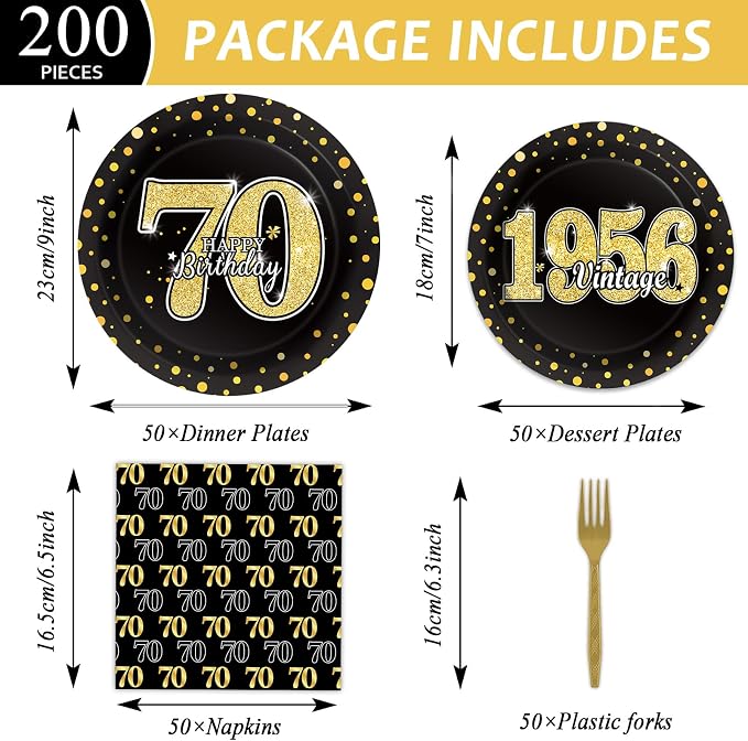 200PCS 70th Theme Birthday Party Tableware Vintage 1956 Party Supplies 70 year old Birthday Party Decorations Plates Napkins Forks Black and Gold Dinnerware Favors for Men or Women