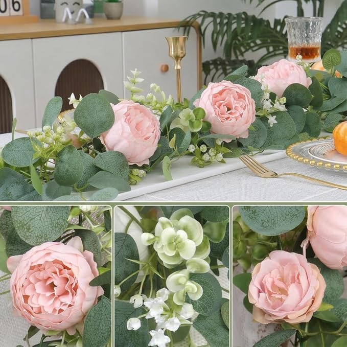 2pcs Artificial Flowers Garland 6FT Silk Peony Vine with Eucalyptus Leaves Faux Floral Garlands for Wedding Arch Door Wall Hanging Party Home Decoration (Pink)
