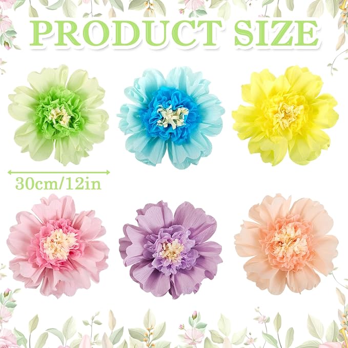 SUNBEAUTY Pastel Paper Flowers 6Pcs Large Tissue Paper Flowers Decoration for Wall 12 Inch Giant Crepe Flowers for Spring Garden Backdrop Pastel Birthday Easter Wedding Party Bulletin Board