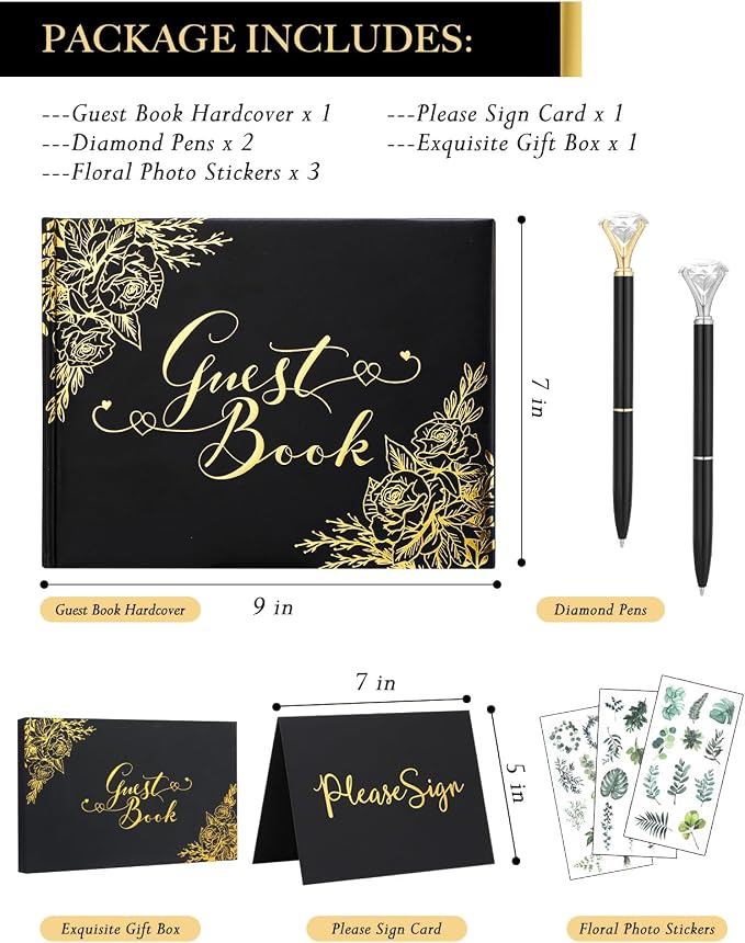 Black Wedding Guest Book - Guest Book Wedding Reception with Pens - 9x7'' Personalized Wedding Guestbook Photo Album Sign in Book - Gold Foil Hardcover & Gilded Edges for Weddings Baby Shower Party