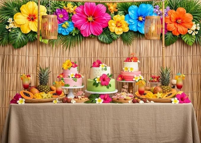 5x3ft Tropical Hawaiian Reed Backdrop, Summer Beach Hibiscus Flower Luau Party Vinyl Photograph Background with Palm Leaves for Aloha Bar Decor, Photoshoot, Birthday Party Supplies