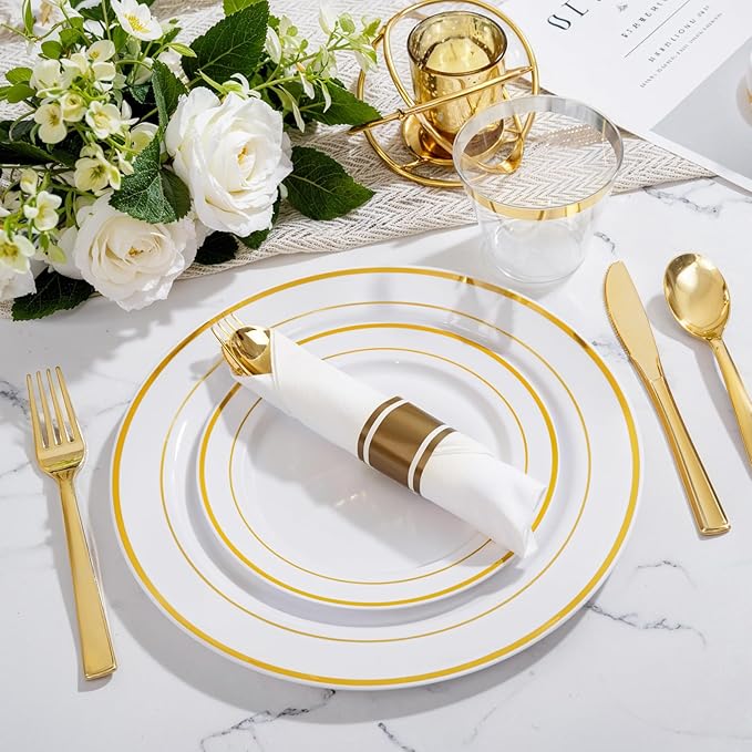 WELLIFE 350Pcs Gold Plastic Plates for 50 Guests - Plastic Dinnerware Set, Includes 100 Party Plates,150 Gold Silverware Disposable,50 Napkins,50 Cups,Disposable Plates for Party and Wedding