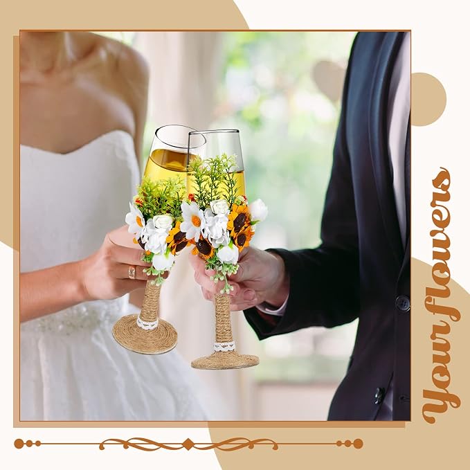 Irenare Rustic Wedding Cake Knife and Server Set with Champagne Glasses Cake Serving Set Rustic Bride and Groom Champagne Flutes Wedding Decorations Supplies(Sunflower Style)