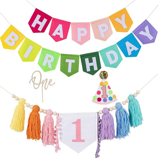Rainbow 1st Birthday Decorations For Girls-Pastel Macaron Rainbow High Chair Banner Felt Happy Birthday Banner，Pre-Strung Birthday Party Decorations For 1st Girl Birthday Backdrop