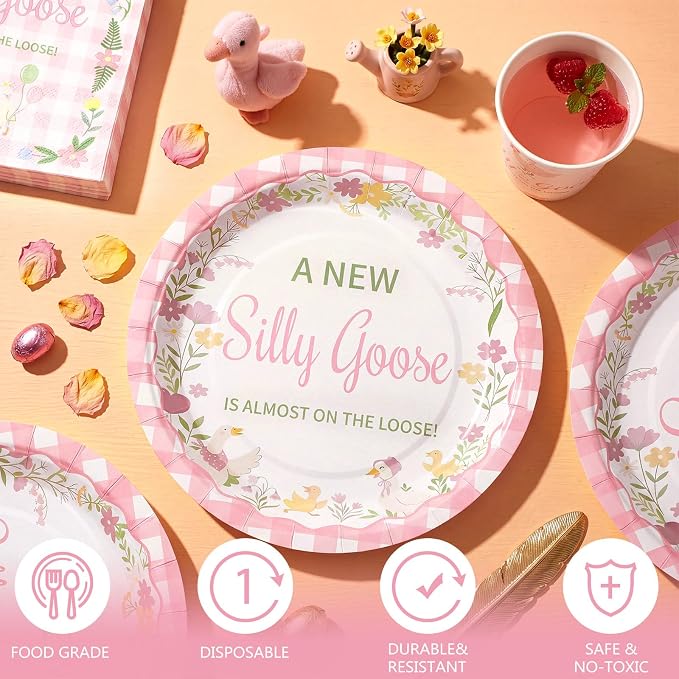Hushee 200 Pcs a New Silly Goose Baby Shower Paper Plates Cups Napkins Funny Goose Birthday Party Favors Set Serves 50 Guests Disposable Pink Tableware Set for Gender Reveal Party Supplies