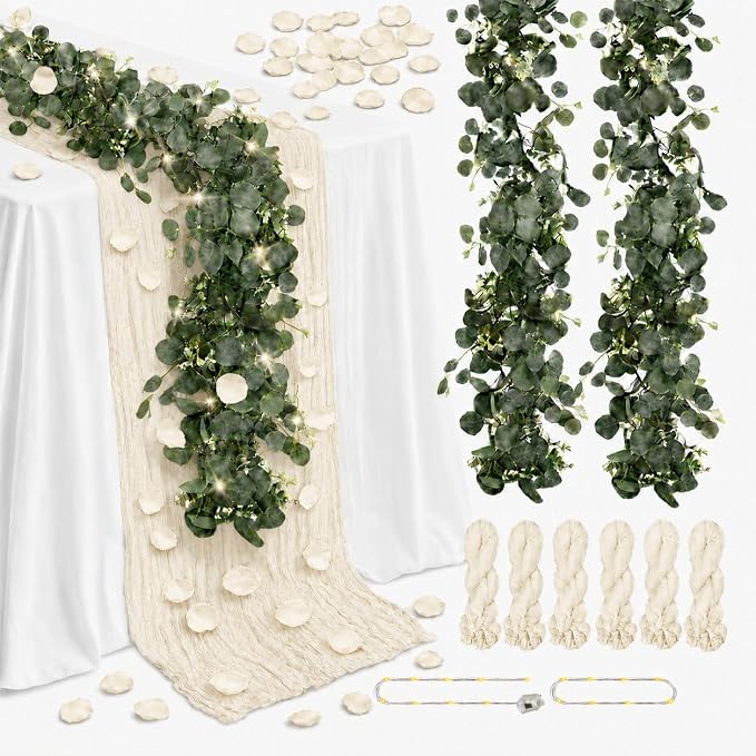 Cinrobiye 11PCS Boho Cheesecloth Table Runner Set with Rose Petals, 120'' Gauze Table Runner, Wrinkled Napkins, Eucalyptus Garland and String Lights for Wedding Baby Shower Tea Party Decorations