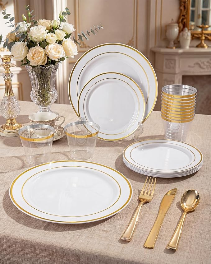 bUCLA 600Pcs White and Gold Plastic Plates - Gold Disposable Dinnerware Set for 100 Guests Include 100 Dinner & 100 Dessert Plates, 100 Cups, 100 Forks, 100 Spoons, 100 Knives for Party