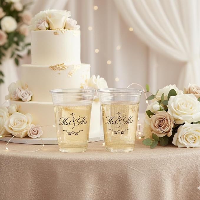 Edussy 50 Pack Disposable Wedding Plastic Cups Decor- 12 oz Mr and Mrs Cups for Wedding Stuff Decorations for Reception Bridal Shower Anniversary Party