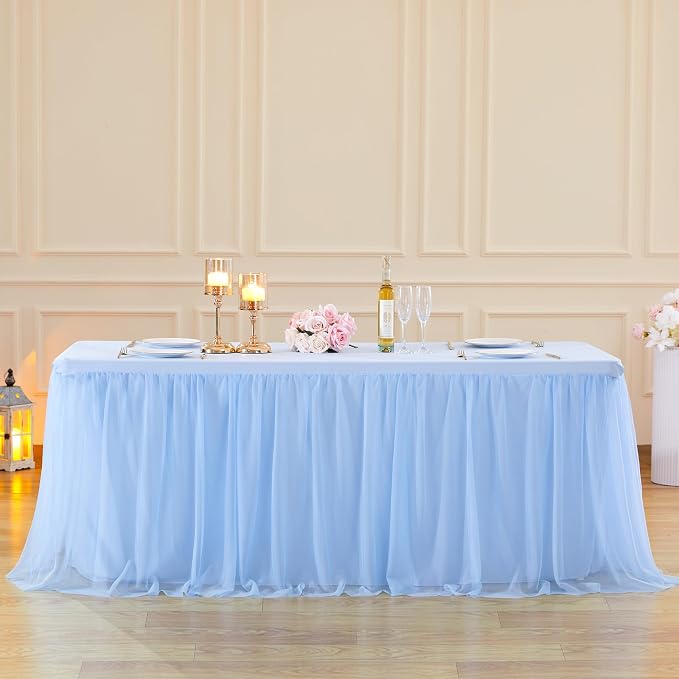 Baby Blue Table Cloths for 6 Foot Rectangle Tables, Tulle Table Skirt Baby Shower Table Covers for 6 Foot Tables Desk Skirt Party Wedding Banquet Tablecloth Elastic Stretch Fitted Ruffle Table Cloth