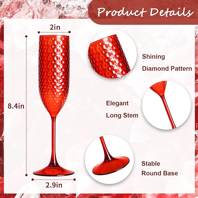 12 Pack Red Plastic Champagne Flutes Mimosa Unbreakable Champagne Glasses Wedding Toasting Glasses 5.5 OZ Reusable Diamond Glasses Wine Cups Vintage Drinking Glasses for Wedding,Christmas,Party