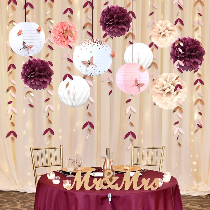 Burgundy Rose Gold Pink Party Decorations Lanterns Flowers Pom Pom with 3D Butterfly Stickers and Leaf Garland Streamers for Birthday Engagement Wedding Bridal Shower Bachelorette Fall Autumn Party