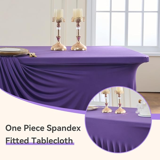 Outpain Deep Purple Spandex Table Clothes for 6 Foot Rectangle Tables-4Pack 6FT Spandex Fitted Table Cover, Wrinkle Free Tablecloths with Skirt for Parties, Wedding, Birthday, Banquet, Festival