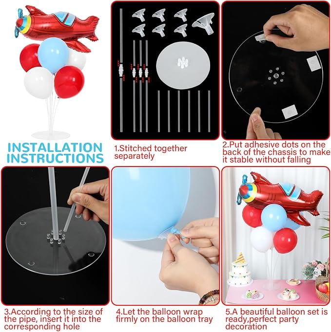 Airplane Birthday Party Balloons Stand Kit 2 Sets with 2 Plane Helicopter Foil Balloons Red Blue White Balloon Centerpiece for Tables for Adventure Time Flies Birthday Baby Shower Party Decoration