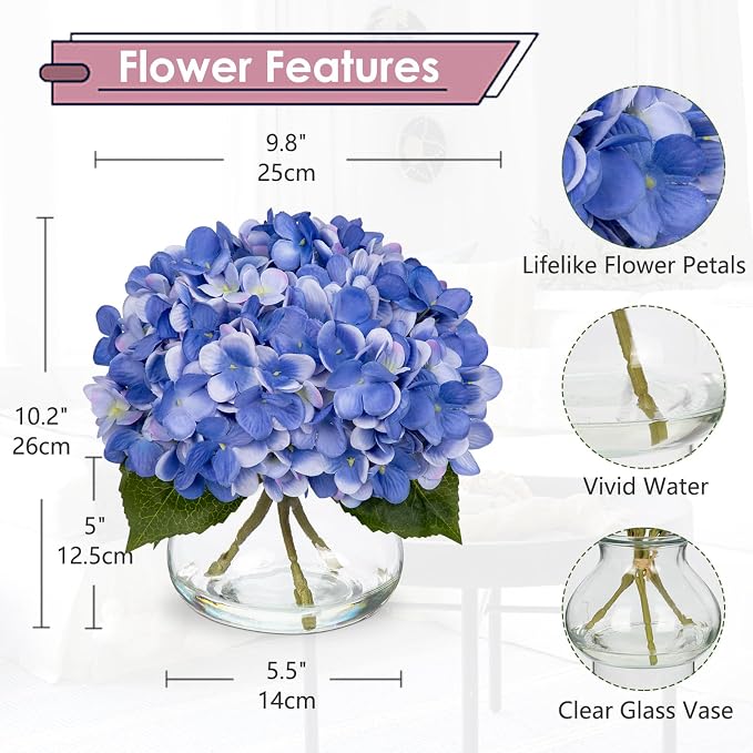 Hollyone Blue Hydrangea Artificial Flowers with Vase Silk Blue Hydrangeas Fake Flowers Arrangements Floral Bulk Bouquet in Glass Vase with Faux Water for Bathroom Table Centerpiece Home Decorations