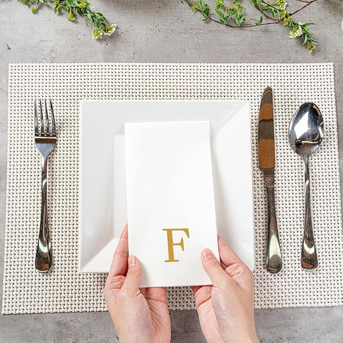 Luxenap 15.8 X 7.9 Inch Linen-Feel Guest Towels, 50 Lettered Hand Towels - Gold Letter 'F', Sans Serif Font, White Paper Dinner Napkins, airlaid, For Restrooms And Tables - Restaurantware