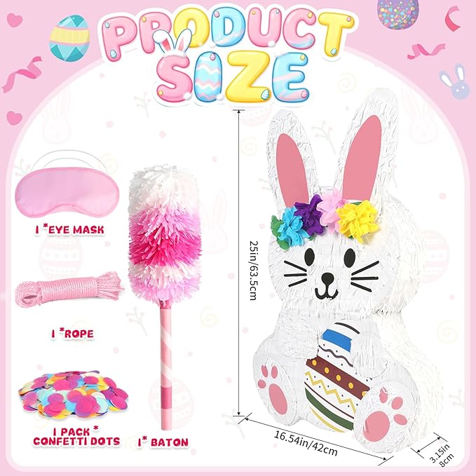 25" Large Bunny Pinata for Kids Birthday Party - Cute White Rabbit Party Supplies with Matching Stick, Blindfold & Confetti - Sturdy Spring Theme Decor for Easter & Baby Shower