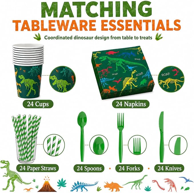 194 PCS Dinosaur Birthday Party Supplies, Dino Tableware Set for 24 Guests with Plates, Cups, Napkins, Straws, Forks, Spoons, Knives, Tablecloth & Banner, Decorations for Boys Kids Baby Shower