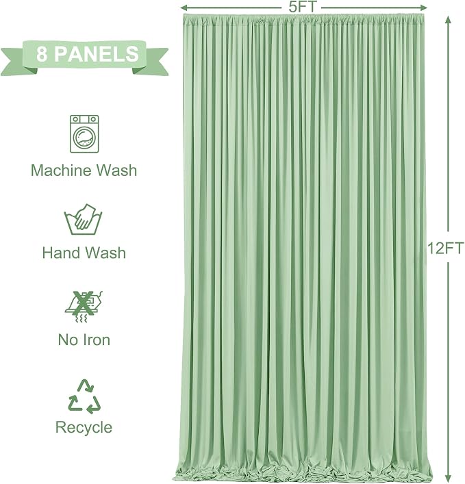 8 Panels Sage Green Backdrop Curtains for Wedding Party Wrinkle Free Backdrops Curtain Drapes Fabric Decorations Photo Back Drop Cloth for Baby Shower Photography Stage Reception 40ft(W) x 12ft(H)