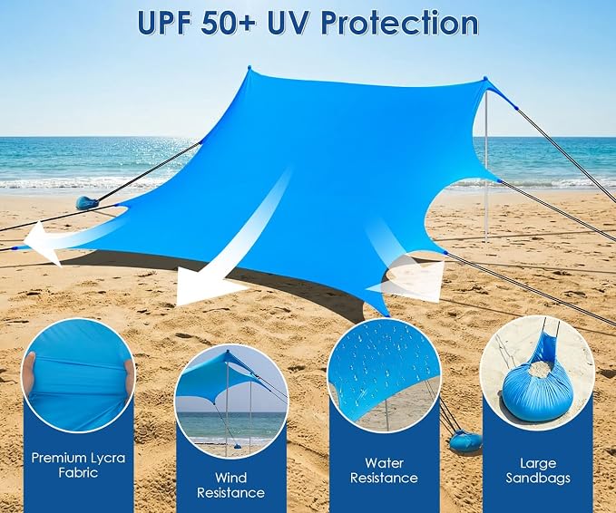 Beach Tent Sun Shelter, 14 × 11FT UPF50+ Protection Beach Shade Canopy, Easy Setup, with 8 Sandbags, 4 Stability Poles, Sand Shovel, Ground Spikes, Outdoor Shade for Sand, Camping, Fishing