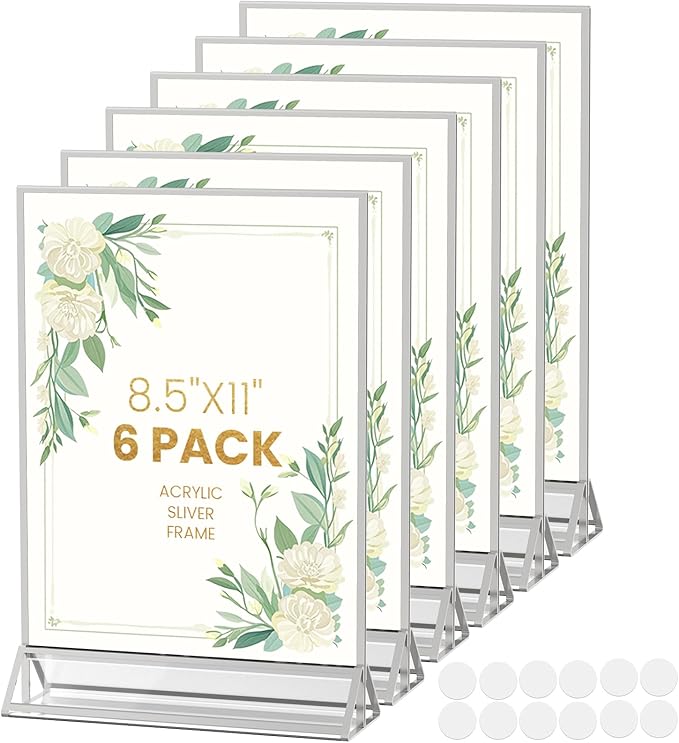 8.5X11 Sliver Frames Acrylic Sign Holder Double-Sided Sliver Picture Frames for Menu Holder Wedding Table Number Holder Christmas Photo Frames with Removable Sticky Dots -6 Pack