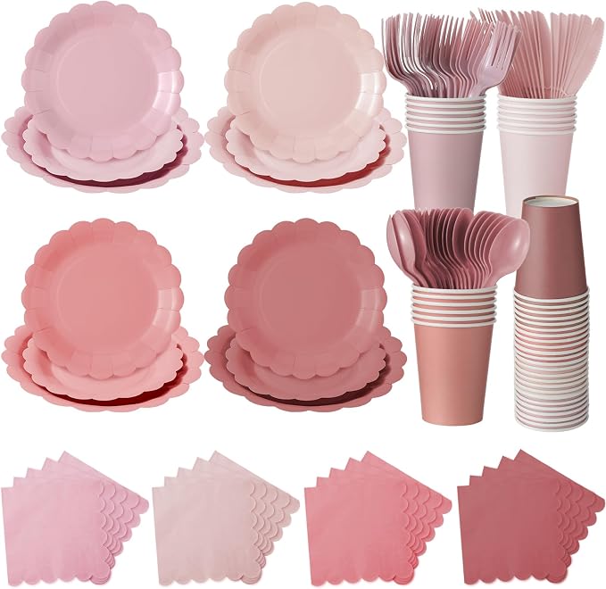 Yaomiao 168 Pcs Dusty Pink Dinnerware Sets Blush Pink Plates Round Disposable Paper Plates Cups Napkin Knife Fork Spoon Serve 24 Guests Wedding Bridal Baby Shower Princess Birthday Party Supplies