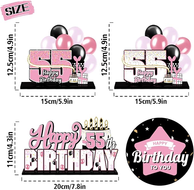 LINGTEER Happy 55th Birthday Pink Acrylic Table Topper Centerpieces Set - Cheers to 55 Years Old Birthday 55th Bday Party Gift Decorations.