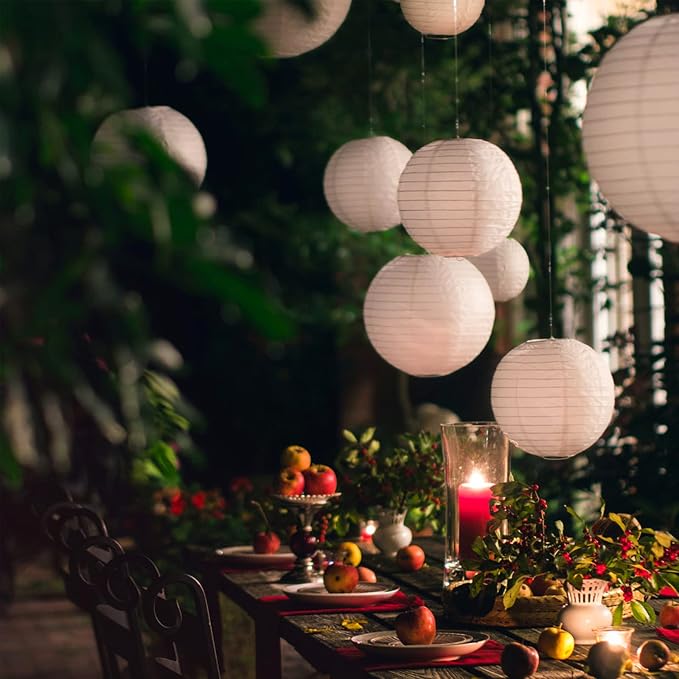 16-Pack White Hanging Paper Lanterns with 16 LED Lights, Reusable Round Chinese Lanterns for Graduation, Wedding, Birthday, Baby Shower & Ceiling Party Decorations