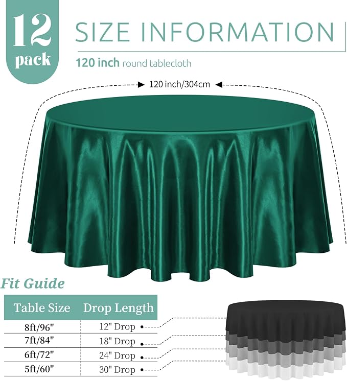 12 Pack 120 Inch Round Tablecloth, Hunter Green Satin Fabric Table Cloth for Round Tables, Wrinkle Resistant Washable TableCover Bright Silk TableClothes for Wedding Party Dining Tables Banquet