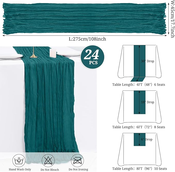 24 Pack Teal Cheesecloth Table Runner,Gauze Boho Long Cheese Cloth Table Runner 17x108 inch Rustic Table Runners for Wedding Party Bridal Shower Banquet Table Decorations