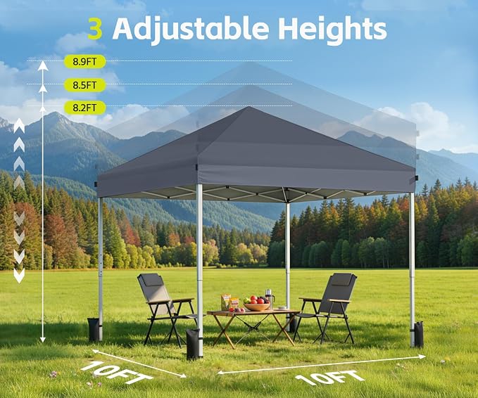 10x10 Pop Up Canopy Tent, Shade Canopy with Carry Bag, Center Lock One Push, 3 Adjustable Height, Outdoor Canopy Tents for Parties, Events & Camping - Dark Gray