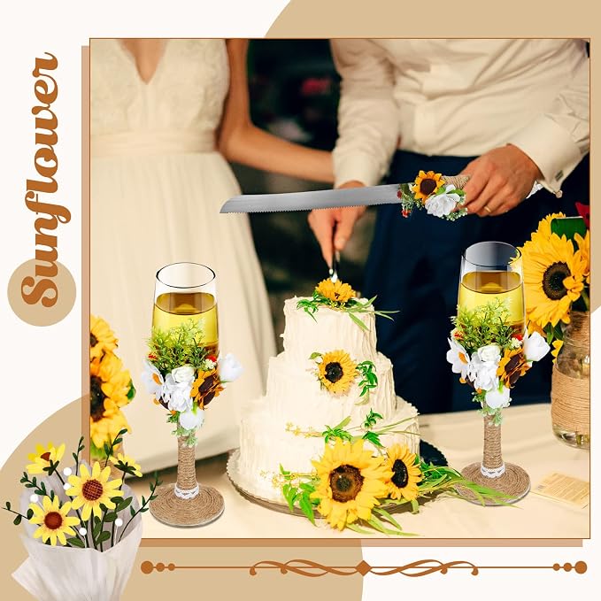Irenare Rustic Wedding Cake Knife and Server Set with Champagne Glasses Cake Serving Set Rustic Bride and Groom Champagne Flutes Wedding Decorations Supplies(Sunflower Style)