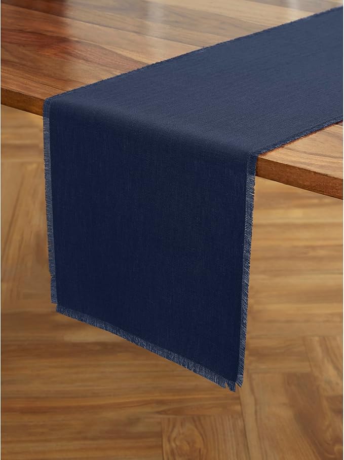 Solino Home Navy Blue Linen Table Runner 60 Inches - Fringe, 100% Pure Linen Coffee Table Runner 14 x 60 Inch for Mothers Day, Memorial Day
