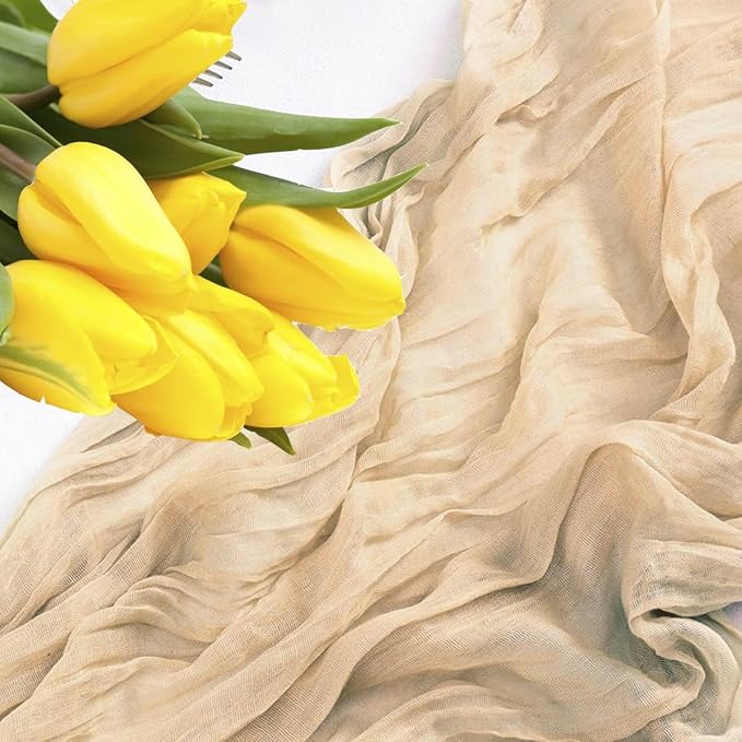 MDS Pack of 10 Cheesecloth Table Runner 35x170 Inch, 14FT Long Gauze Cheese Cloth Table Runner for Wedding Party Birthday Bridal Shower Farmhouse Garden Boho Rustic Table Decoration - Champagne