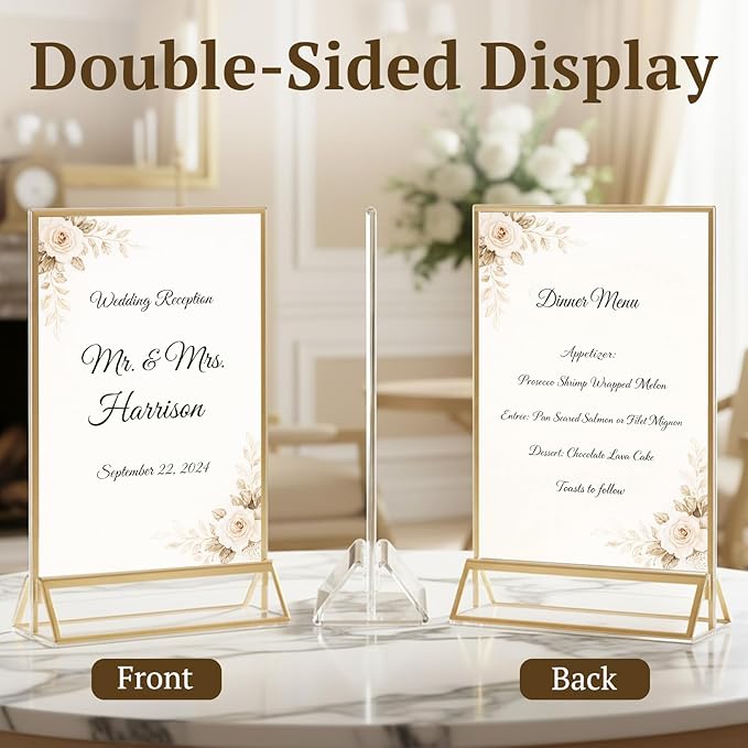EHWINE 12 Pack Acrylic Sign Holder 4 x 6, Double Sided Gold Picture Frame Stand up Table Top Sign Holders, Clear Display Stand Menu Flyer Holder for Wedding Party