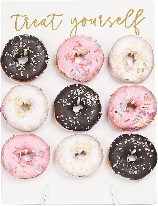 Donut Wall Display Stand Reusable Donut Holder Board Rustic Wood Doughnut Food Buffet Display for Wedding, Bridal Shower, Birthday Party Treat Yourself Fits 9 Donuts (White)