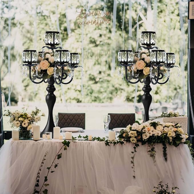 1PC Black 5 Arm Pendant Square Crystal Table Decor 22 Inch Candle Holder,Classic Elegant Table Centerpiece Atmosphere Candle Holder for Gift Wedding Party Home Decor
