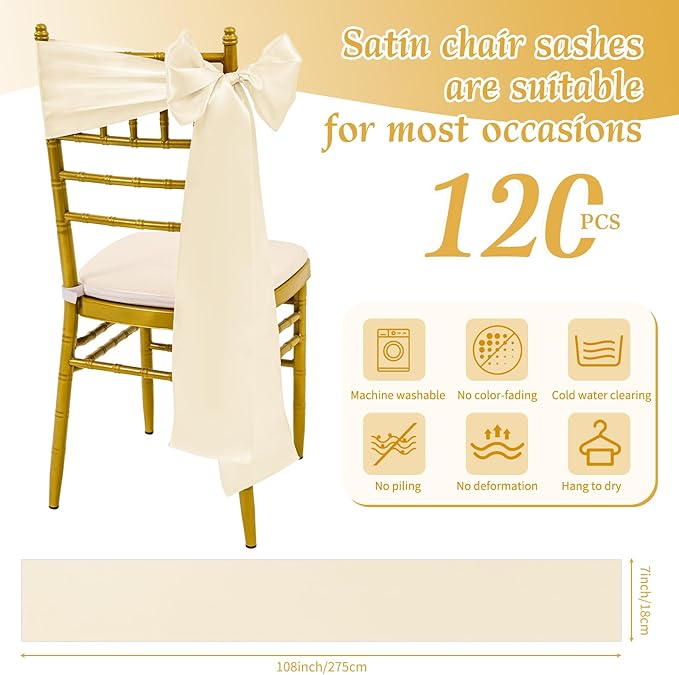 120 PCS Ivory Satin Chair Sashes, Ties Bows Designed Sashes for Washable Reusable Chair Covers Supplies for Wedding Reception Events Banquets Party Hotel Event Aisle Decorations (7 x 108 inch)