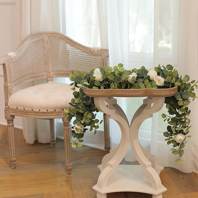 MISSPIN 2pcs Artificial Flowers Garland Spring Eucalyptus Garland Vintage Fake Flower Peony Rose Vine Greenery Decorative Wall Hanging Plant for Wedding Arch Door Arrangement Party Decor (White,2pcs)