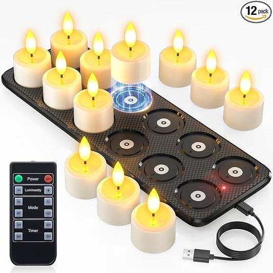 Yme Rechargeable Flameless Tea Lights Candles with Remote & Magnetic Charging Base, 12pcs Waterproof Battery Operated LED Flickering Votive Candles with Timer for Home Halloween Christmas Party Decor
