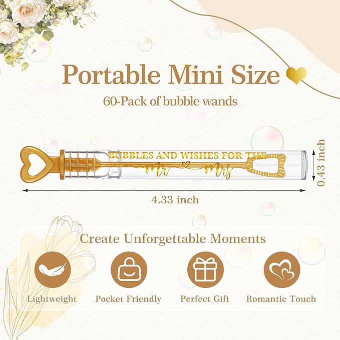 Hollowfly 60 Pack Gold Heart Wedding Mini Bubble Wands for a Wedding Bulk Bubble for Guests Send Off Wand Adults Bridal Exit Shower Party Supplies Valentine Anniversaries Celebration