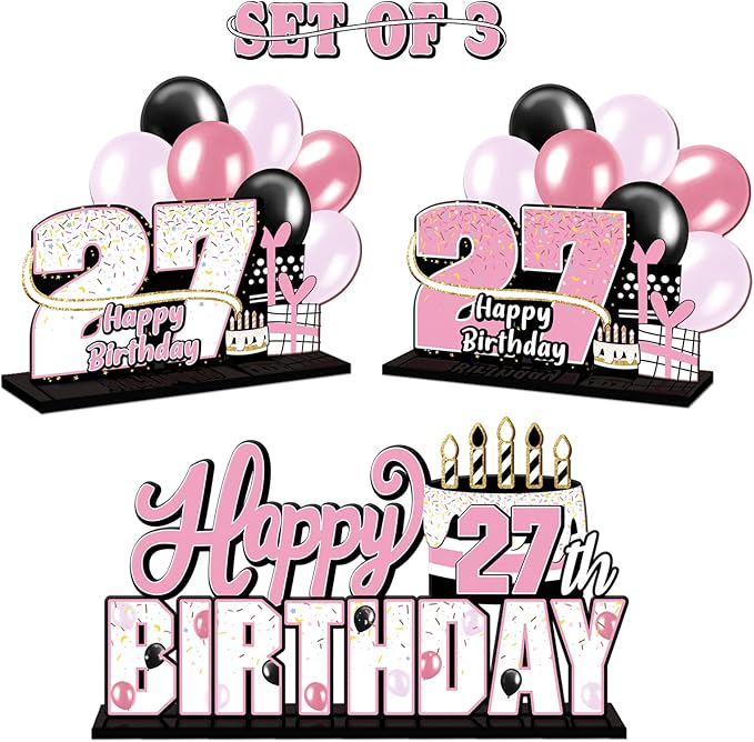 LINGTEER Happy 27th Birthday Pink Acrylic Table Topper Centerpieces Set - Cheers to 27 Years Old Birthday 27th Bday Party Gift Decorations.