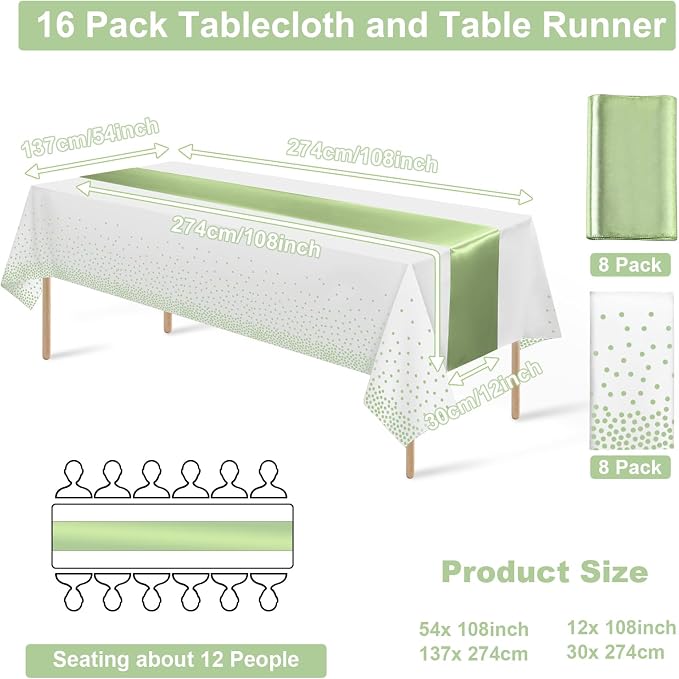 16Pack Plastic Tablecloths and Satin Table Runner Set Disposable White and Sage Green Dot Table Cloth Green Satin Table Runner for Wedding Birthday Baby Shower Anniversary Holiday Party Decorations