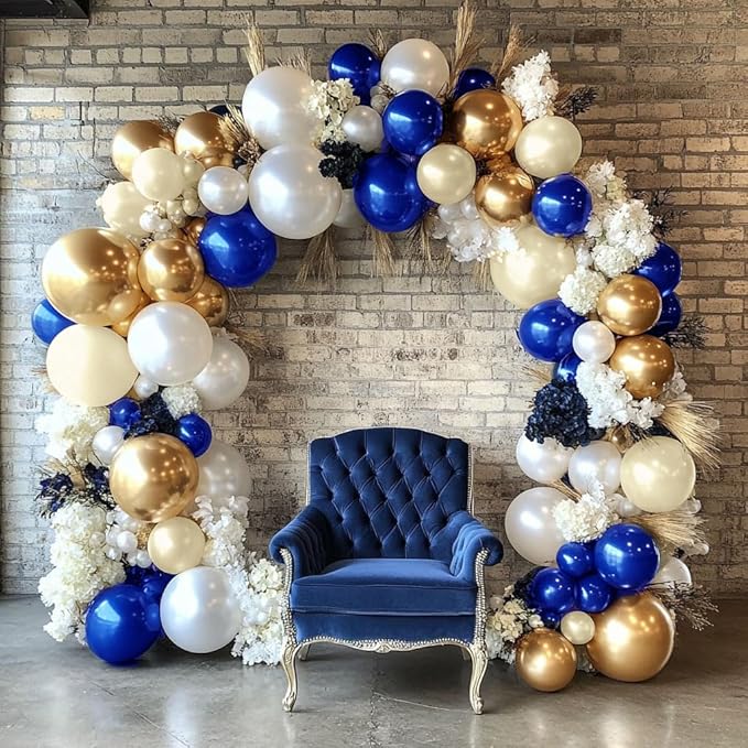 Royal Blue and Gold Balloon Garland - Double Stuffed Pearl Sand White Blue Gold Balloons Arch Kit for Birthday Graduation Anniversary Bachelor Wedding Baby Shower Party Decoration