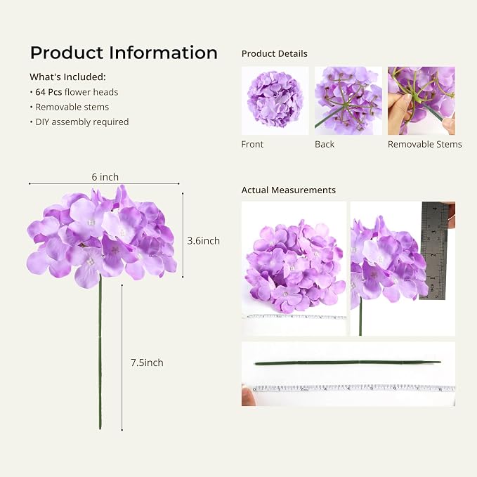 Auihiay 64pcs Hydrangea Artificial Flowers, Purple Artificial Hydrangea Flowers, Silk Hydrangea Heads with Stems for Garden, Home Party Baby Shower DIY Wedding Centerpiece (Purple)