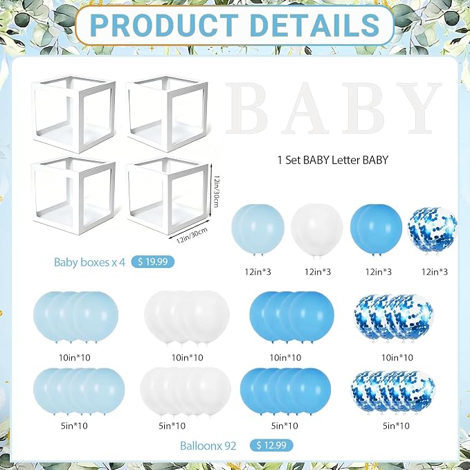 Baby Boy Shower Decorations, 107Pcs All-in-One Blue Themed Set for Baby Party, Pregnancy Gender Announcement, Easy to Assemble, It's a Boy Baby Shower Decorations