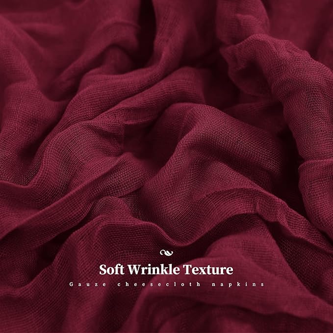 60 PCS Burgundy Gauze Cheesecloth Napkins,20x20 Inch Gauze Napkin Rustic Wrinkled Cheesecloth Napkin Bulk Washable Dinner Table Napkins for Wedding Party Bridal Shower Baby Shower Events Decor