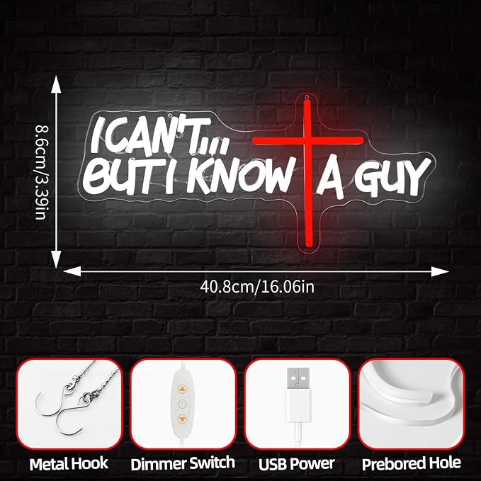 Christian Neon Sign I Cant But I Know A Guy Neon Lights Dimmable Jesus Led Sign Cross Light Up Sign Biblical Faith Prayer Gift God Neon Signs for Wall Decor